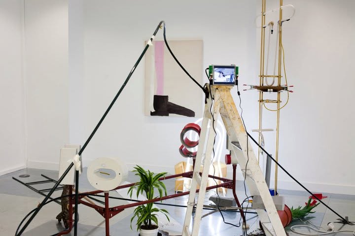 A stepladder holding a monitor, surrounded by arched rods, plants and metalwork