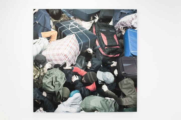 A split photograph of travellers seen from above, carrying bags and suitcases