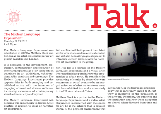 Talk. II — The Modern Language Experiment at La Scatola Gallery, Tuesday 27 March 2012, 7–8.30pm