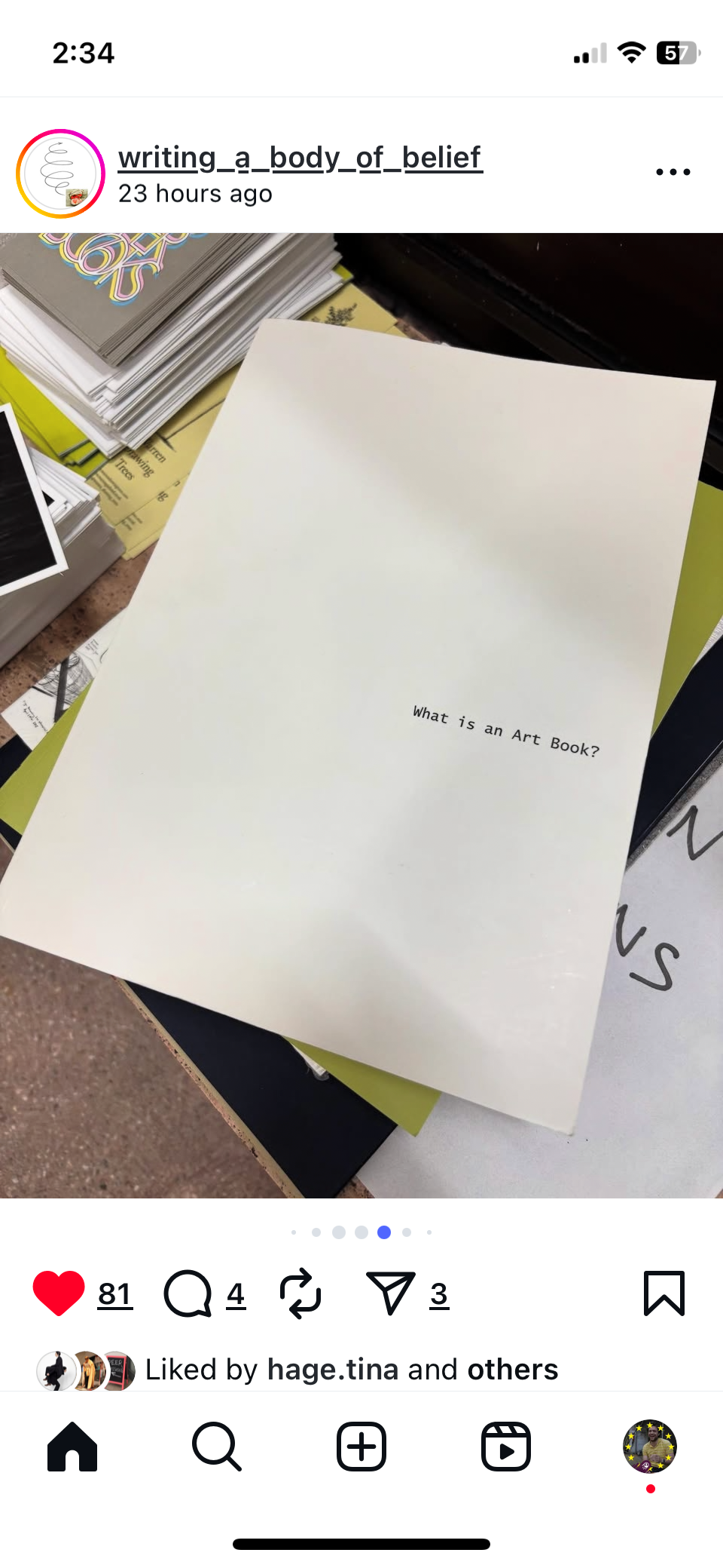 Instagram screenshot of the What is an Art Book? Volume 4 publication on a table
