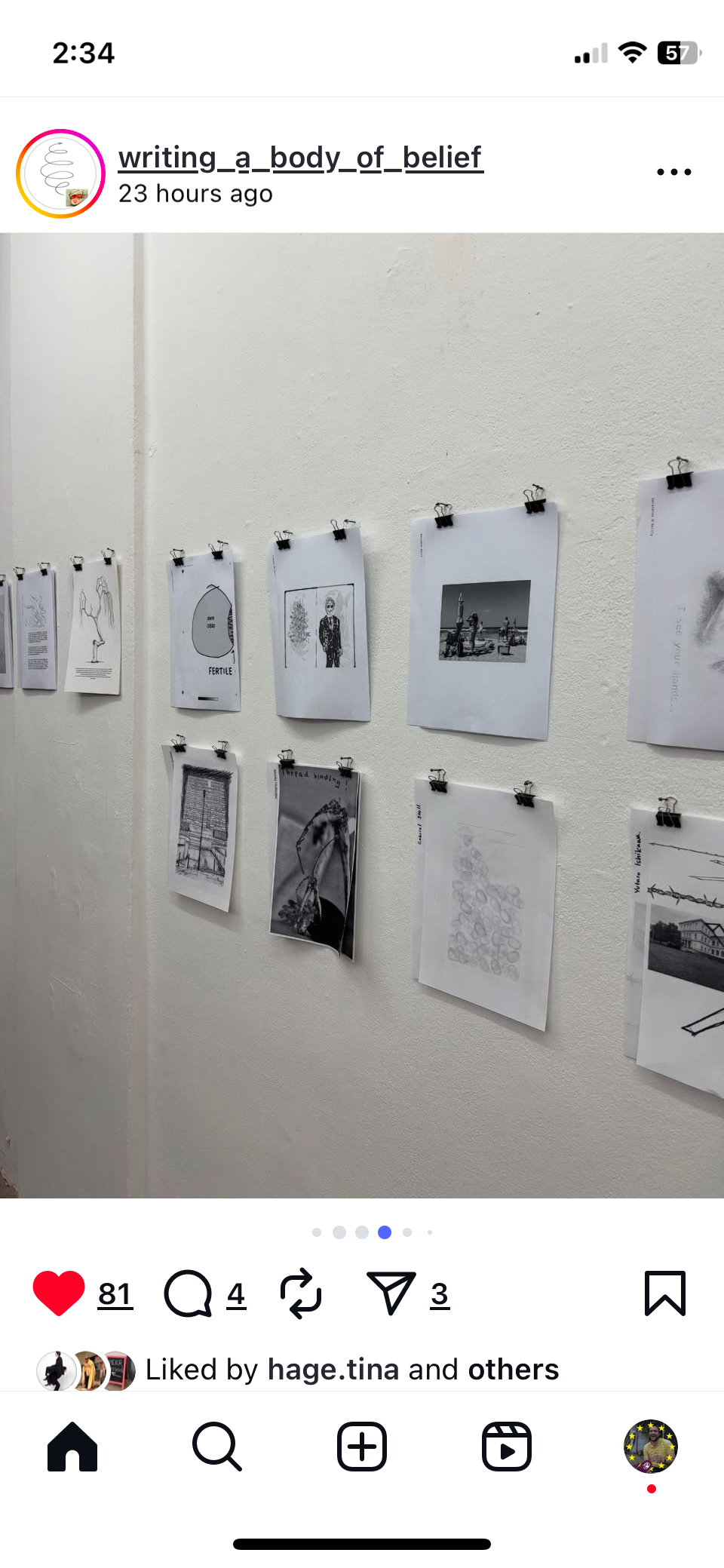 Instagram screenshot of printed contributions displayed on the wall at What is an Art Book? Volume 4