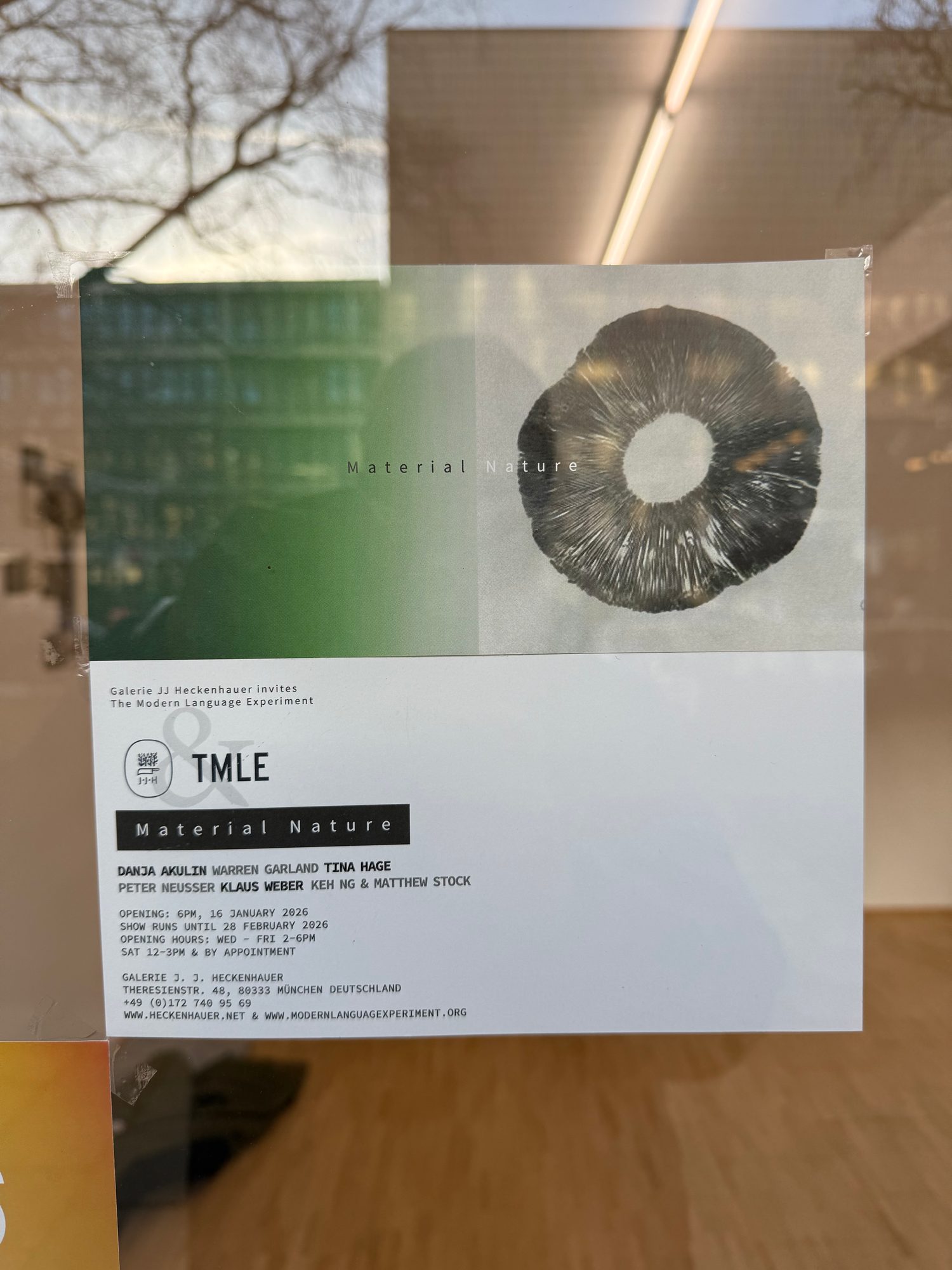 Material Nature exhibition announcement on the gallery window